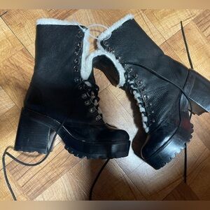 Jeffrey Campbell Black Lace Up Boots with White Trim